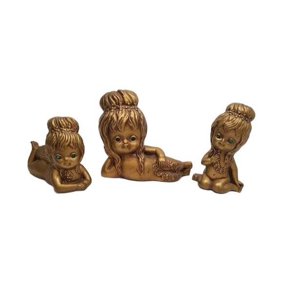 Mid Century Gold Kitsch Sassy Nakey Girl Angel Statues, Set of 3, 7" - Picture 1 of 10